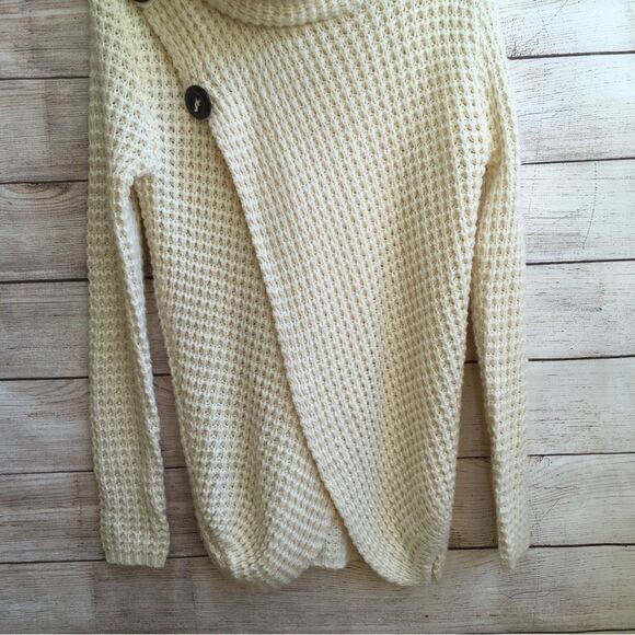 COPY - MAIN STRIP COWL NECK ASSYMETRICAL BUTTON SWEATER IN CREAM - Picture 3 of 5
